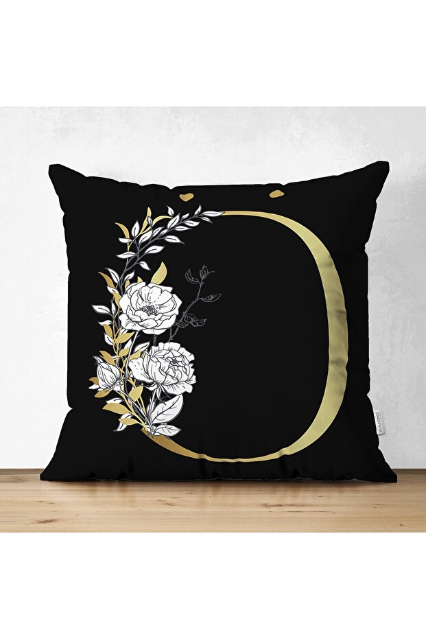 Double Sided Black Background White Rose Motif Gold Letter Special Design Suede Pillow Throw Pillow Cover