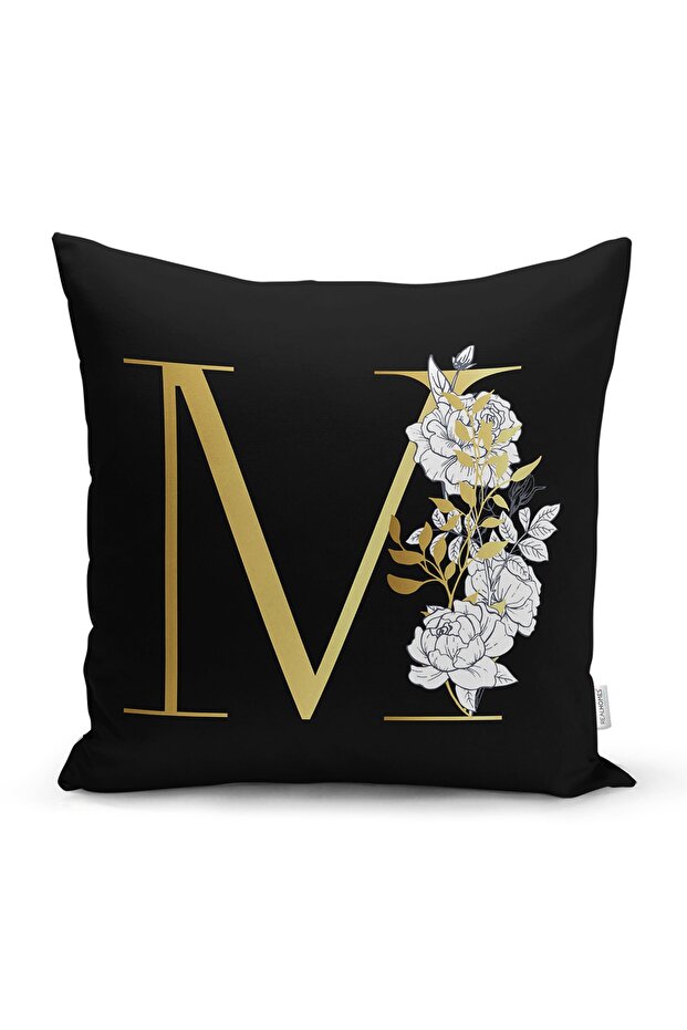 Black Background White Rose Motif Gold Letter M Special Design Digital Printed Pillow Throw Pillow Case