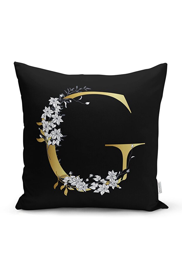 Black Background White Rose Motif Gold Letter G Special Design Digital Printed Pillow Throw Pillow Case