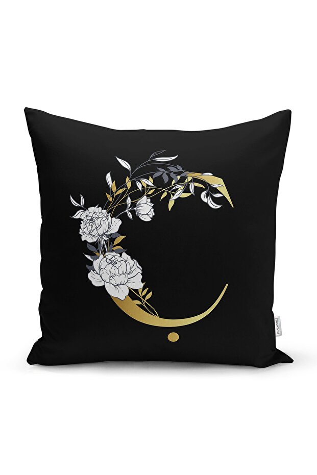 Black Background White Rose Motif Gold Letter C Custom Design Digital Printed Pillow Throw Pillow Cover