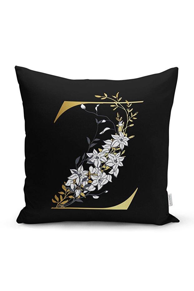 Black Background White Rose Motif Gold Letter Z Digital Printed Pillow Cushion Cover