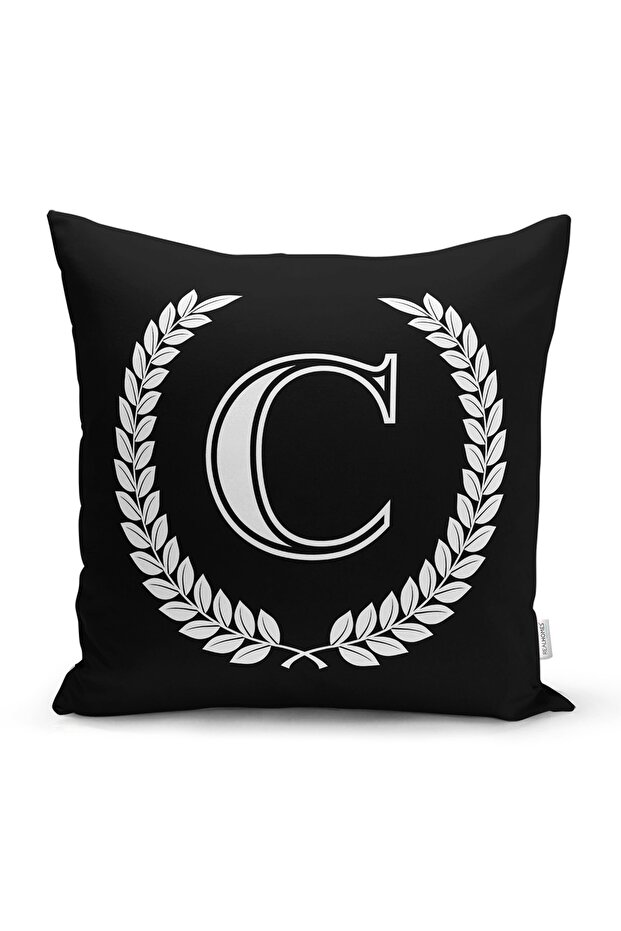 Black and White Wreathed Letter C Special Design Digital Printed Pillow Cushion Cover