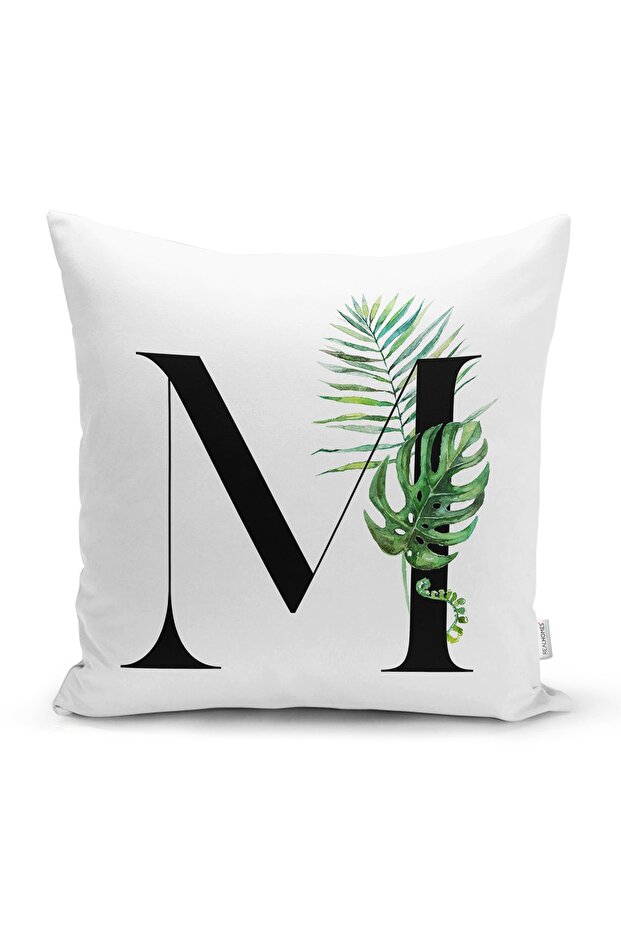 White Background Leaf Motif Black Letter M Special Design Digital Printed Pillow Throw Pillow Cover