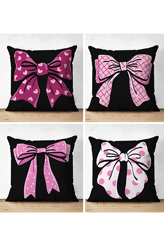 4-Piece Double Sided Black Background Pink Ribbon Design Digital Printed Suede Throw Pillow Cover Set