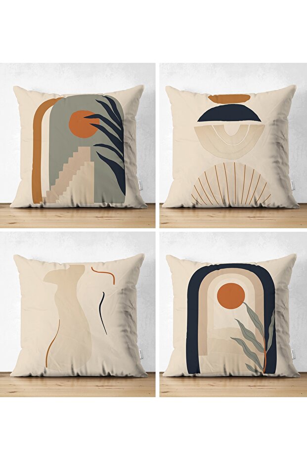 Set of 4 Double Sided Mink Background Ethnic Drawing Digital Printed Modern Suede Throw Pillow Covers