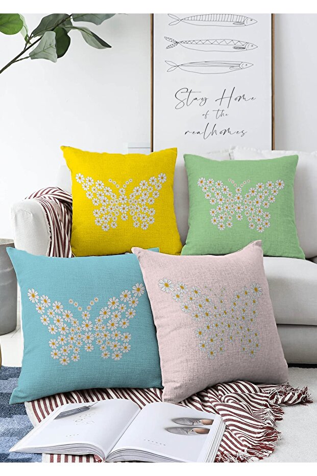 4-Piece Double Sided Colorful Floor Daisy Butterfly Special Designed Modern Raschel Knitted Throw Pillow Cover Set