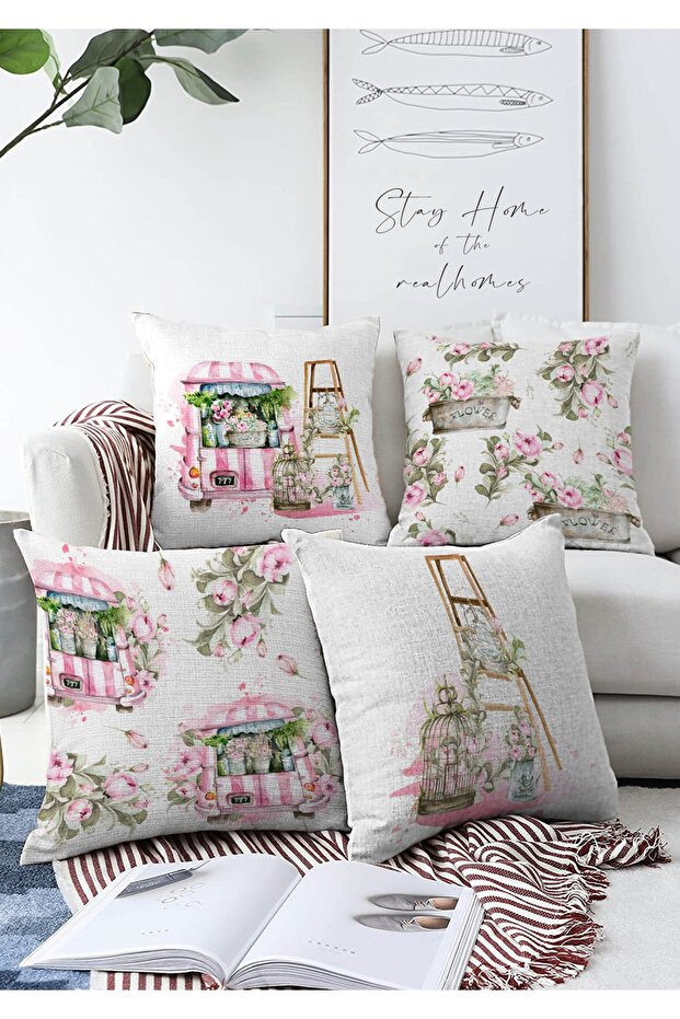 4-Piece Double Sided Flower Car Special Design Digital Printed Modern Raschel Knitted Throw Pillow Cover Set