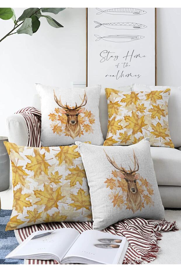 4-Piece Double Sided Dried Autumn Leaves & Deer Designed Modern Raschel Throw Pillow Cover Set