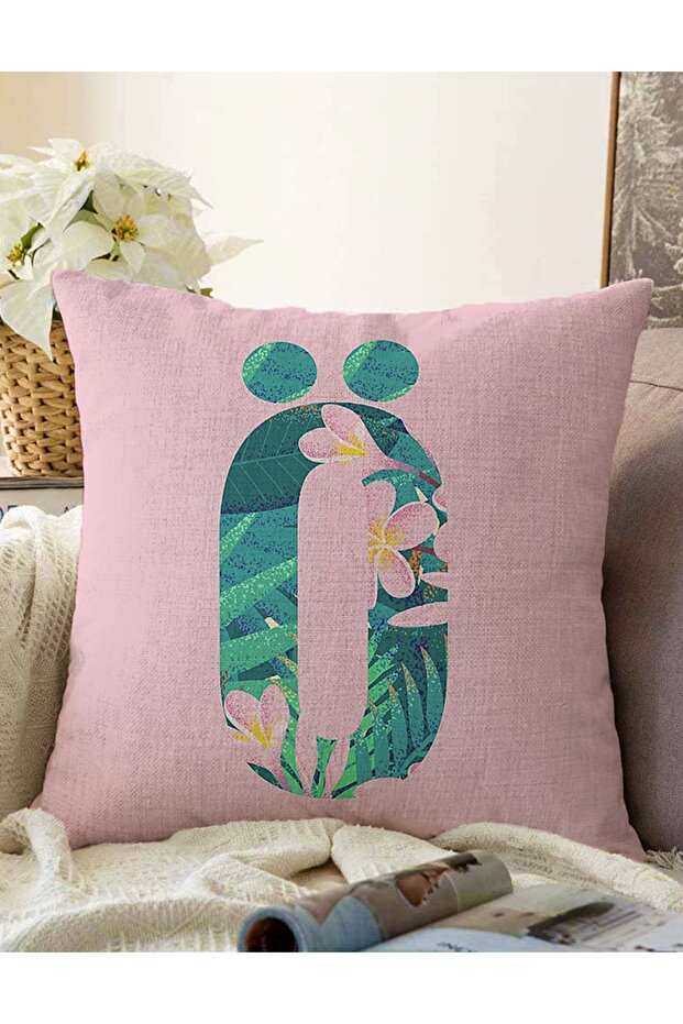 Double Sided Pink Floor Tropical Leaf Letter O Special Design Digital Printed Raschel Throw Pillow Cover