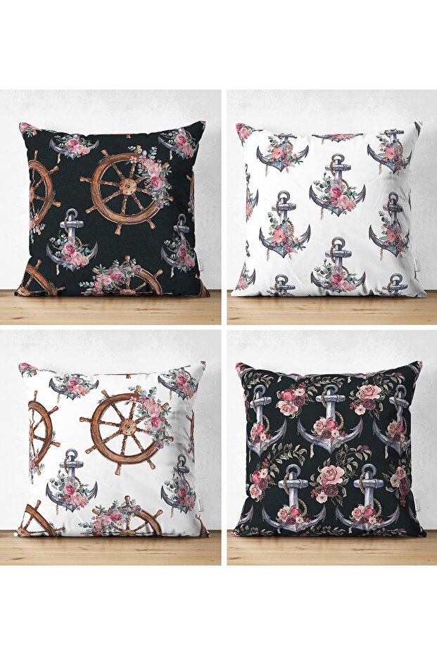 4-Piece Double Sided Anchor & Rudder Special Designed Digital Printed Modern Suede Throw Pillow Cover Set