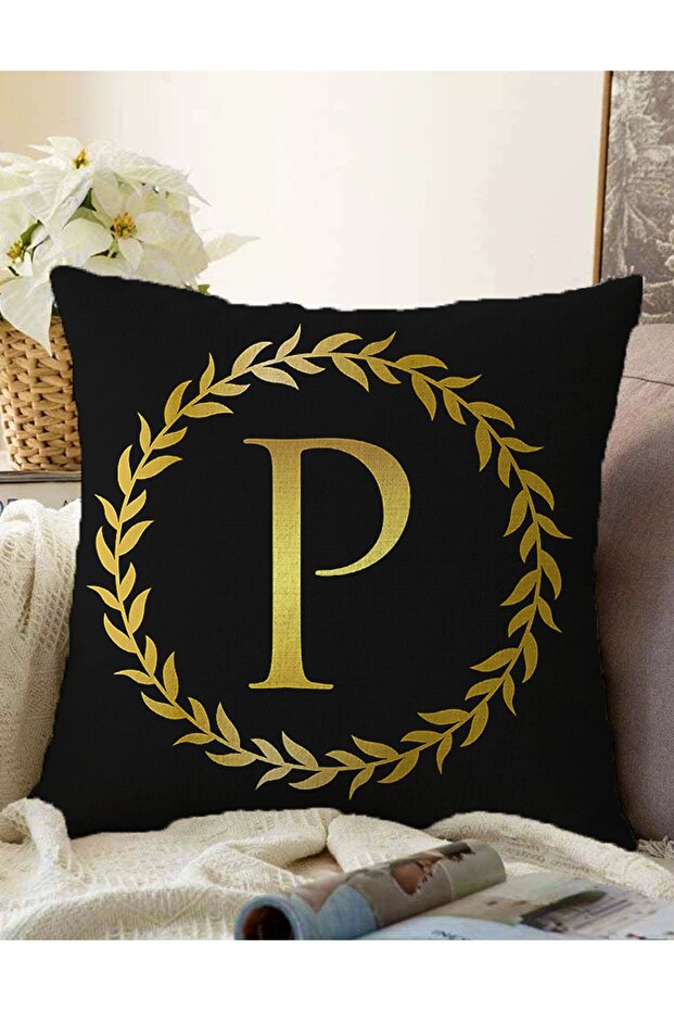 Double Sided Black Background Gold Leaf Framed Letter P Special Design Raschel Knitted Pillow Throw Pillow Cover