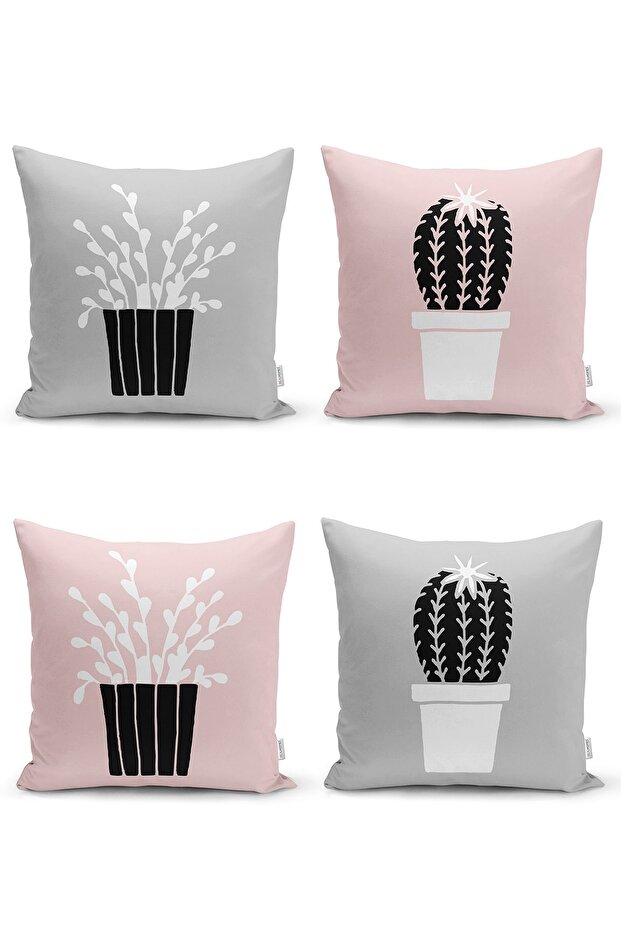 4-Piece Gray & Pink Floored Flower Pot Cactus Design Digital Printed Modern Throw Pillow Cover Set