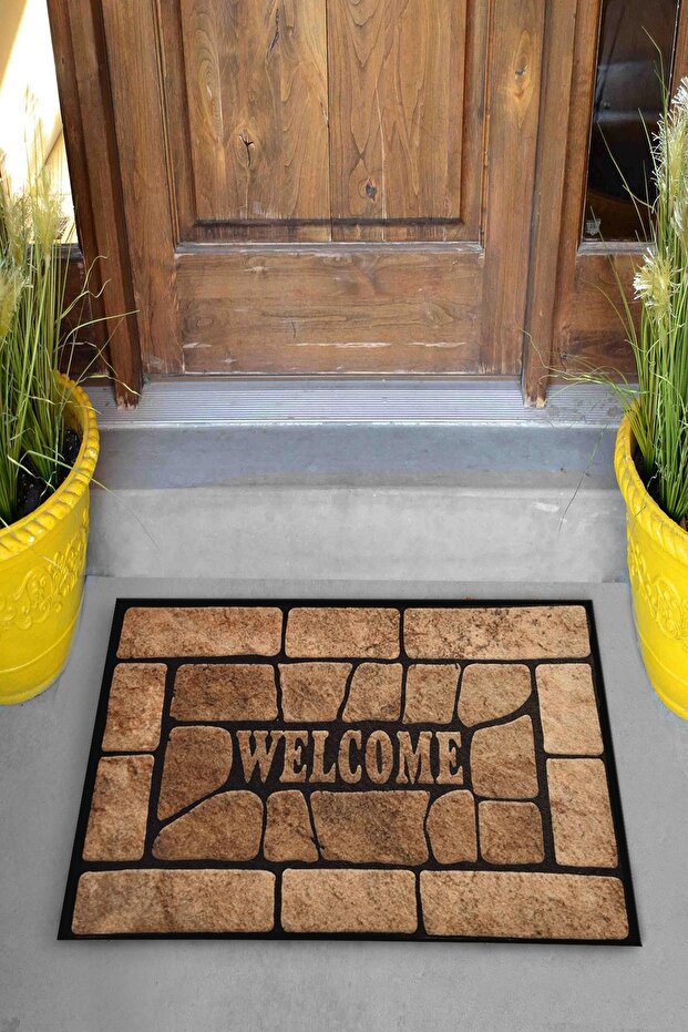 Pienso Home Welcome Taş Duvar Dekoratif Kapı Önü Paspası - 1