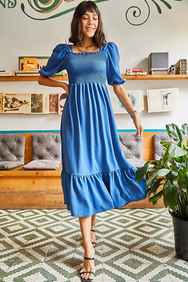 Women's Indigo Elastic Square Collar Bodrum Dress ELB-19001557