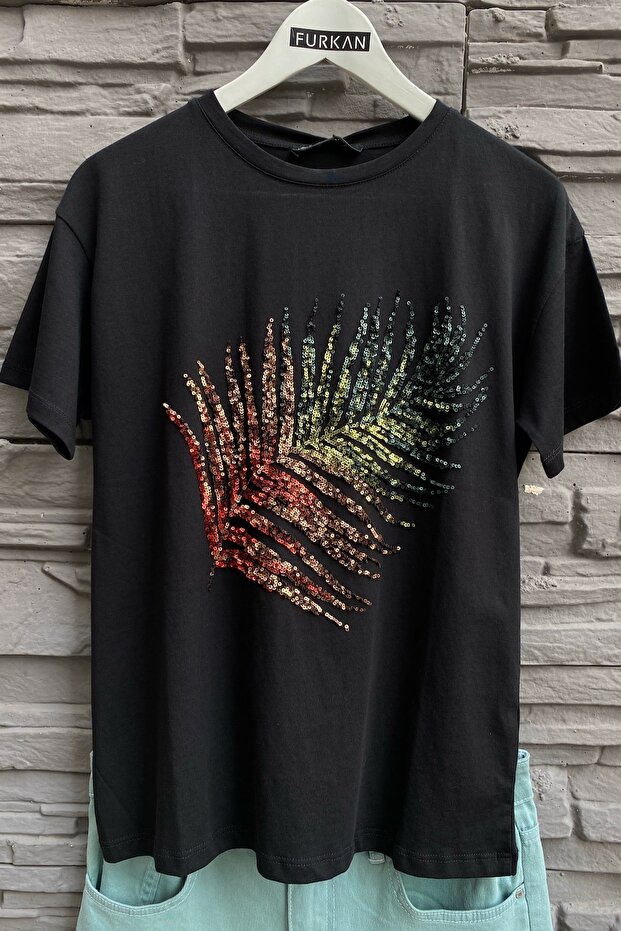 Women's Black Leaf Pattern Sequin Sequin Embroidered 100% Cotton T-Shirt