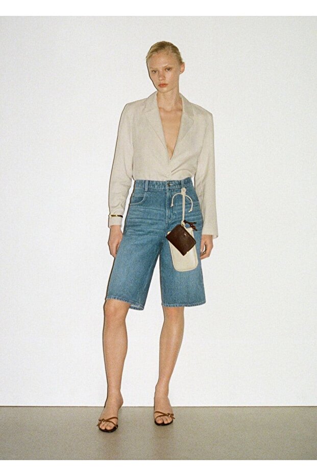 Düz Denim Bermuda Şort - 6