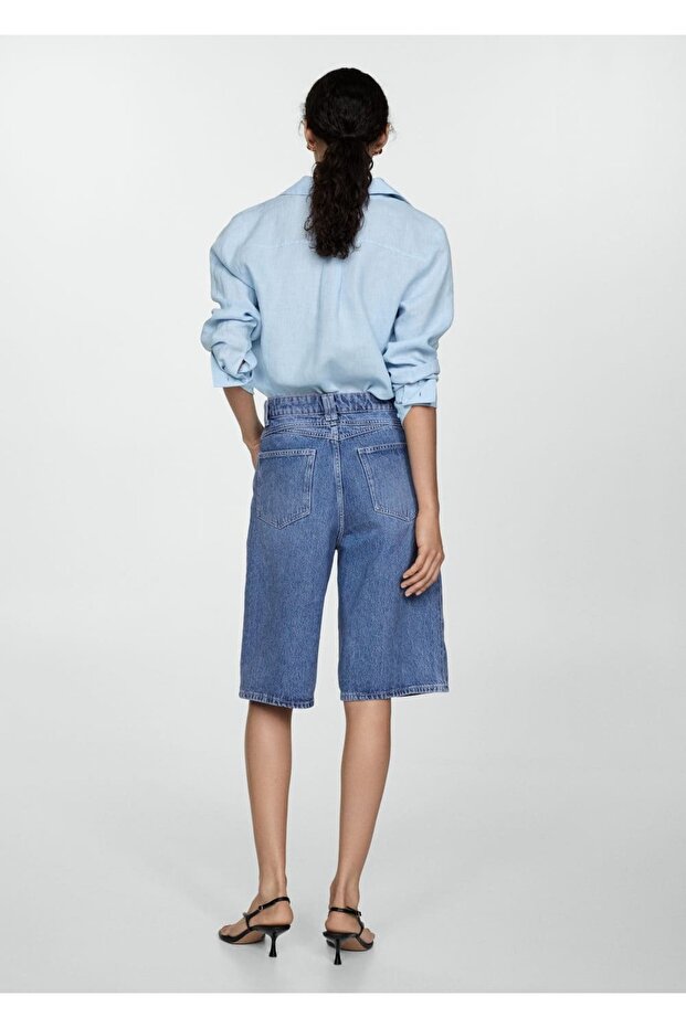Düz Denim Bermuda Şort - 4