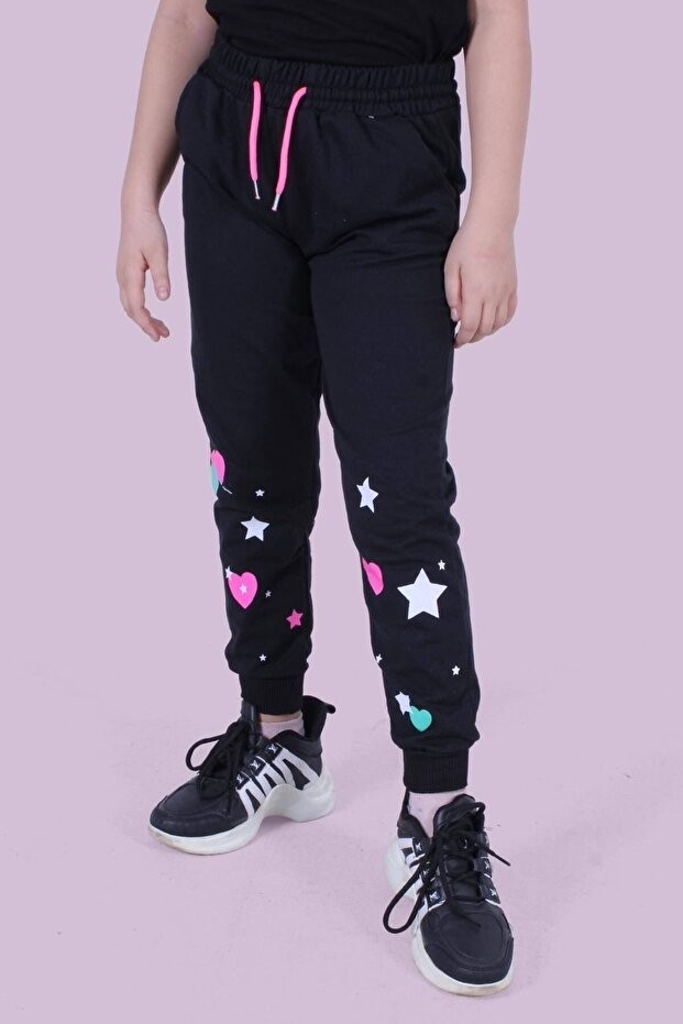 Girl's Black Sweatpants with Heart and Star Pattern Detail