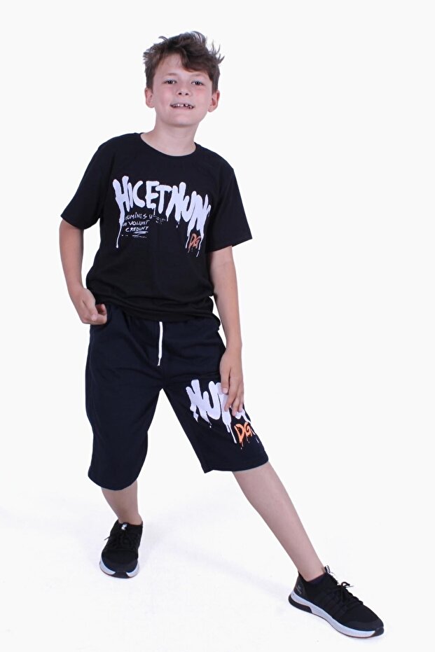 Hıcetnunk Text Printed Boy's Black Summer Bottom-Top Set