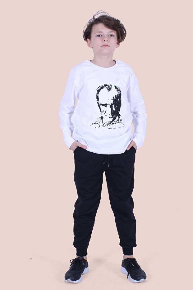 Ataturk and Signature Printed Moon Star Patterned Long Sleeve Unisex White-Black Suit