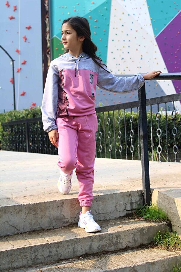 79 Printed Grey-Pink Hooded Tracksuit Set