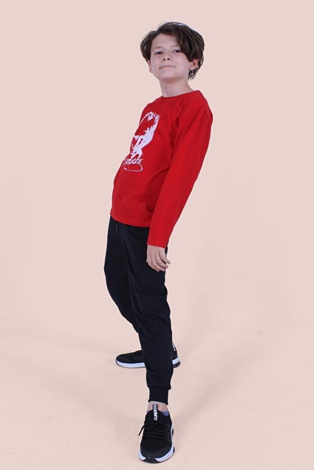 Ataturk and Signature Printed Moon Star Patterned Long Sleeve Unisex Red-White Suit