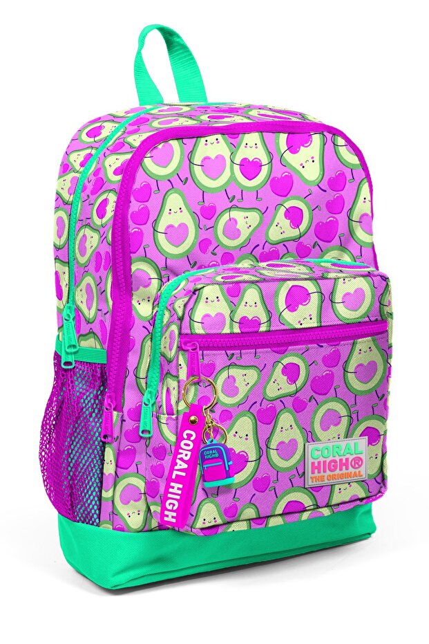 Kids Four Compartment Pink Water Green Avocado Patterned Primary School Bag 23709
