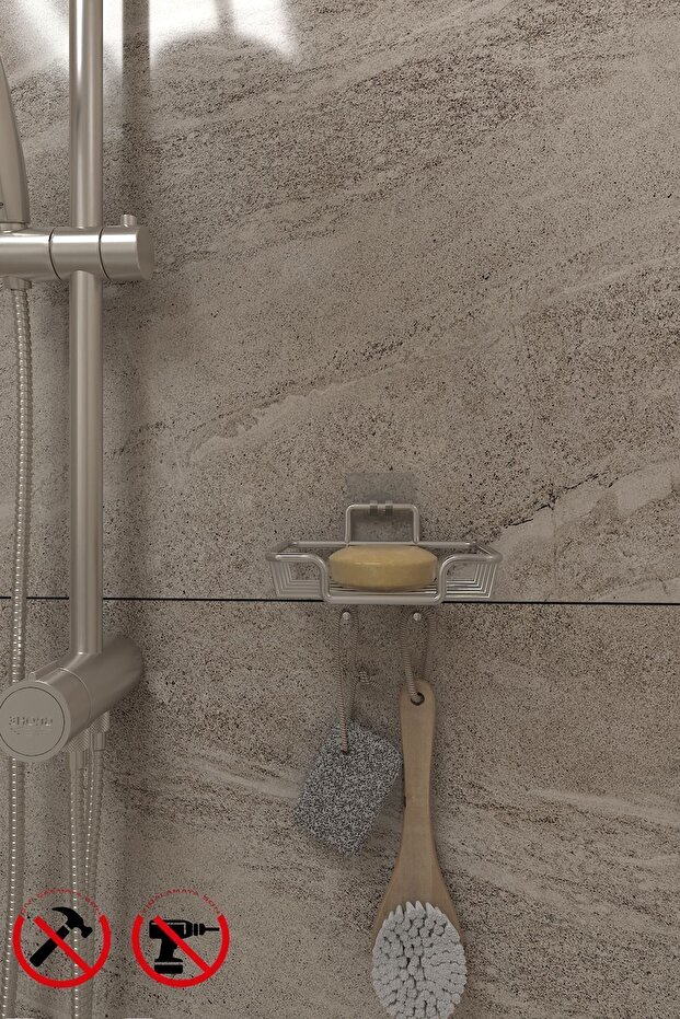 طبق صابون صلب مع خطافات لاصقة ورف كروم - 1