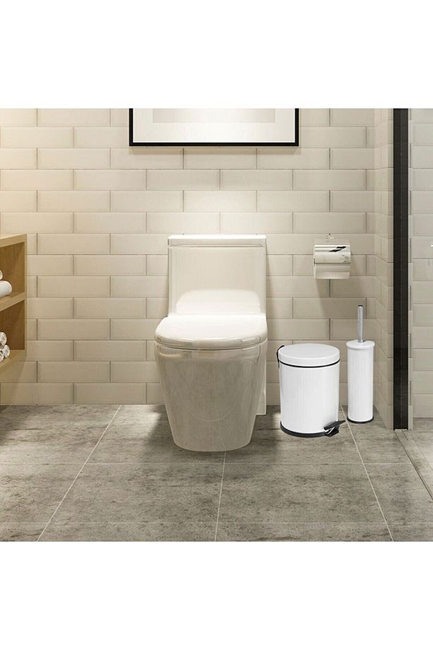 3 Litre Beyaz 2'li Banyo Seti Pedallı Çöp Kovası Wc Klozet Tuvalet Fırça Seti Banyo Çöp Kovası - 3
