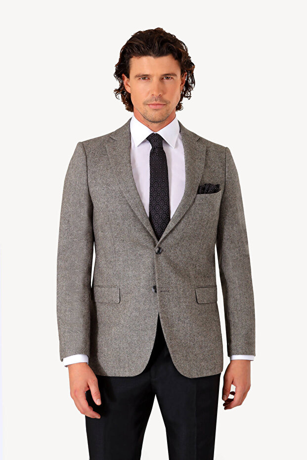Erkek Gri Kışlık Yünlü Regular Fit Tek Ceket - 3