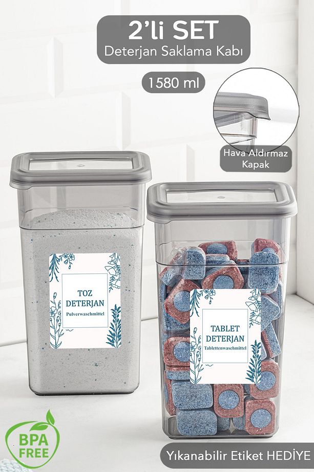 2'li Etiketli Deterjan Saklama Kabı Seti - Hava Geçirmez Kapaklı Saklama Kutusu - 2 x 1580 ml - 1