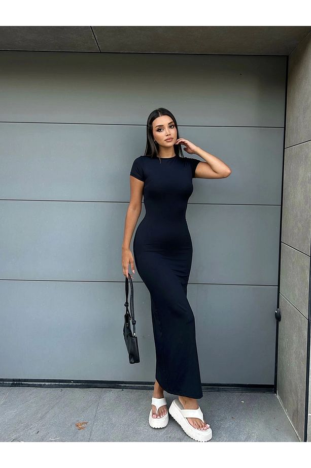Siyah Kısa Kollu Sandy Kumaş Uzun Elbise 120 Cm - 8