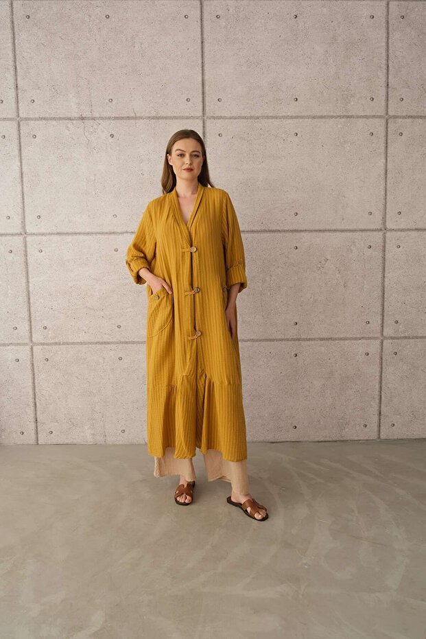 Mustard Yellow Striped Large Size Kimono