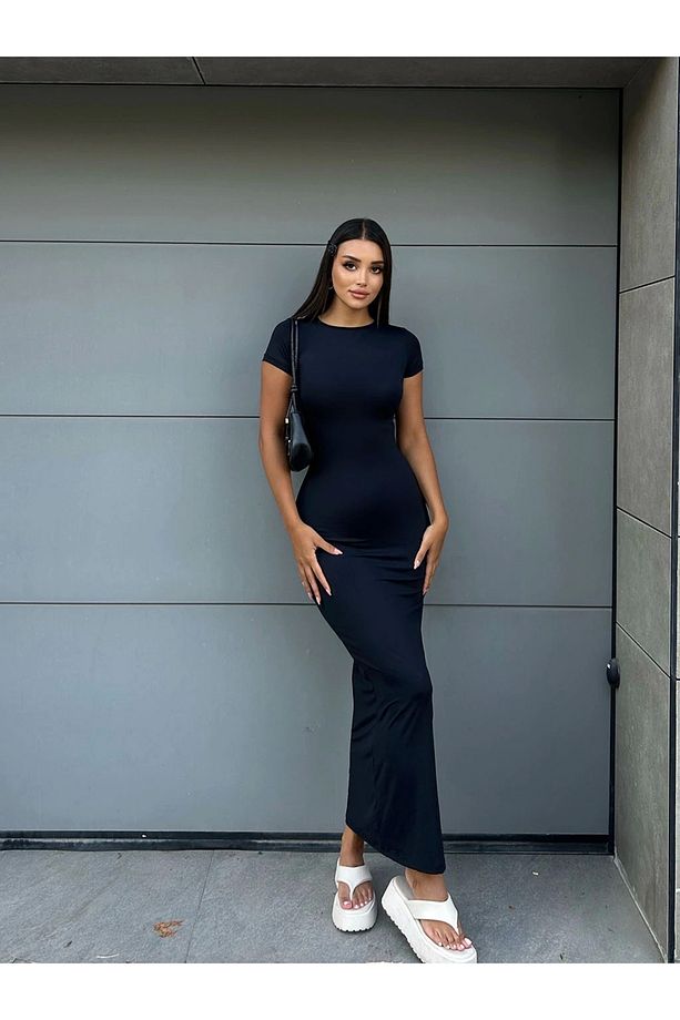 Siyah Kısa Kollu Sandy Kumaş Uzun Elbise 120 Cm - 3