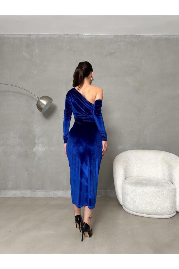 Kadife Tek Omuz Elbise - 3