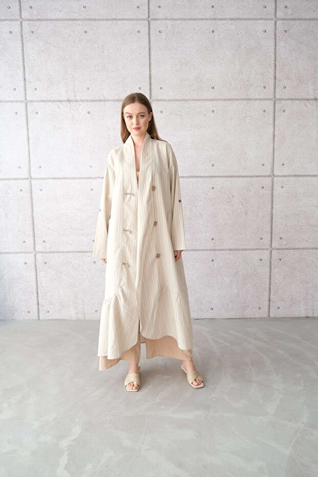 Plus Size Kimono - Striped Beige Linen