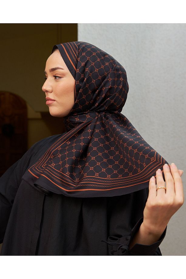 %100 Twill Ipek Monogram Şal - Siyah-Bakır - 6