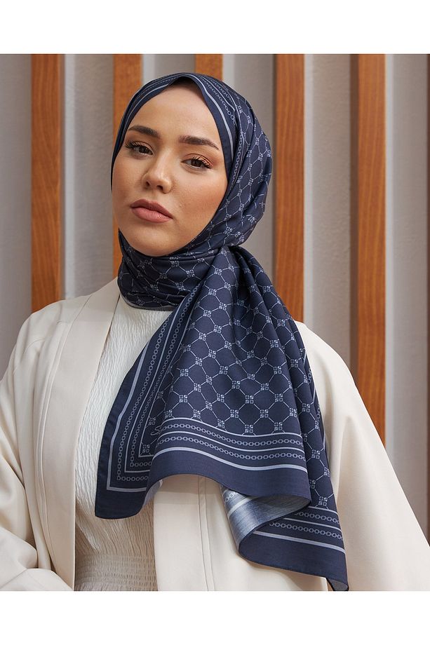 %100 Twill Ipek Monogram Şal - Lacivert-Gri - 3