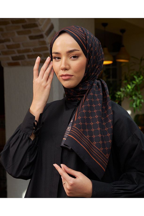 %100 Twill Ipek Monogram Şal - Siyah-Bakır - 1
