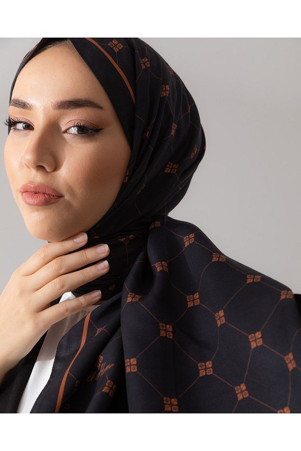 %100 Twill Ipek Monogram Şal - Siyah-Bakır - 7