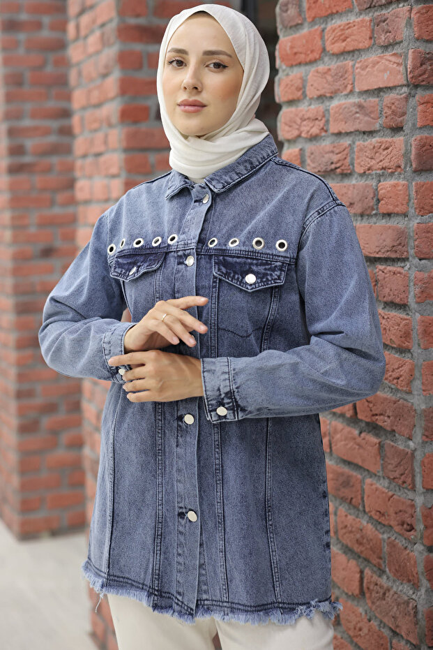 9744 Kuş Gözlü Kot Ceket Lacivert - 6