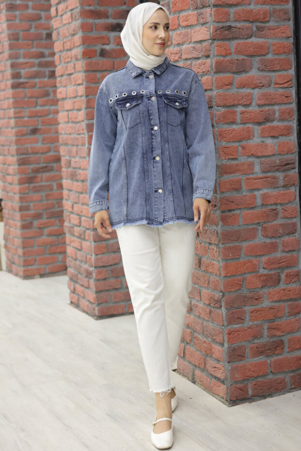 9744 Kuş Gözlü Kot Ceket Lacivert - 5