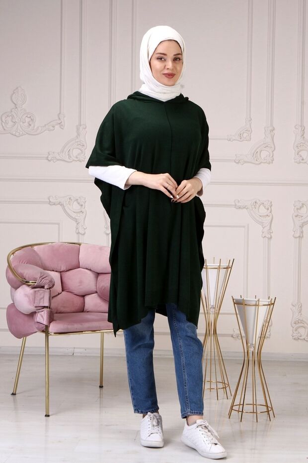 Women's Emerald Side Laced Hooded Thin Knitwear Poncho