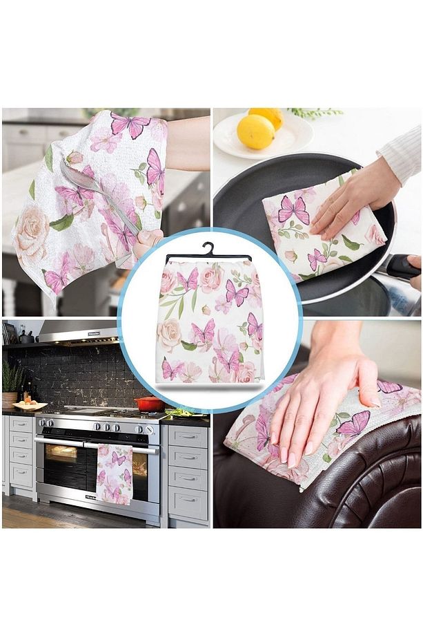 Pembe Kelebek Çiçek Desen Mikrofiber Mutfak Havlusu Kurulama Bezi Su Emici El Yüz Havlusu - 3