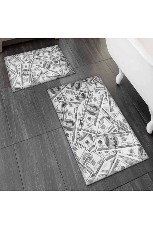 Else Gri Siyah Dolarlar Paralar 2'li Klozet Takımı Banyo Paspas Seti Halısı - 1