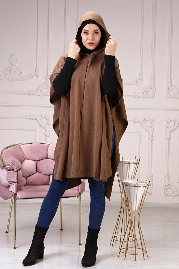 Women's Milk Brown Side Lace Hooded Poncho 4304