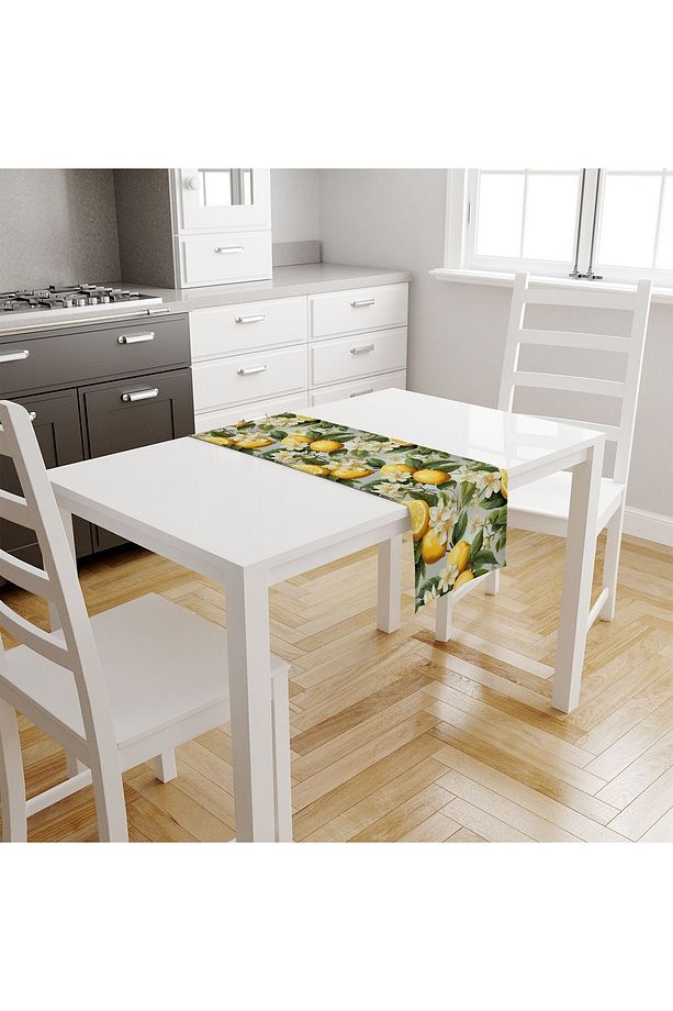 Yeşil Yapraklı Limonlu Desenli Dijital Baskılı Leke Tutmaz Dertsiz Dekoratif Runner 40x140cm - 2