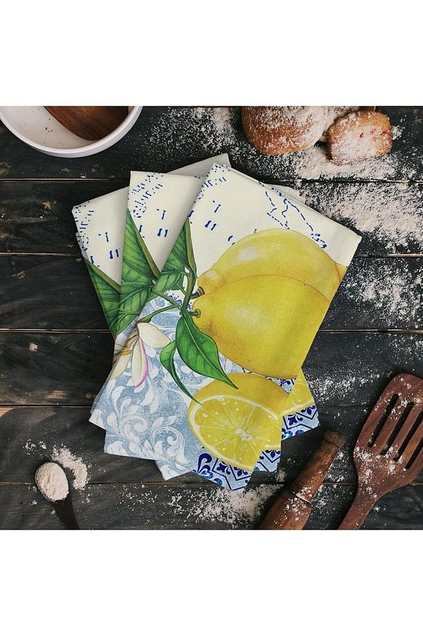 Mavi Sarı Limon Desenli Mikrofiber Mutfak Havlusu Kurulama Bezi Su Emici El Yüz Havlusu - 2