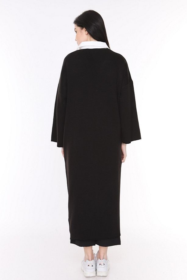 Kadın Siyah Kışlık Kimono Kol Cepli V Yaka Hırka 4100 - 6