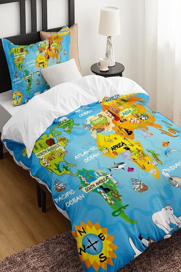 Single Patterned World Map Children's Bedding Set - Without Sheets - 1